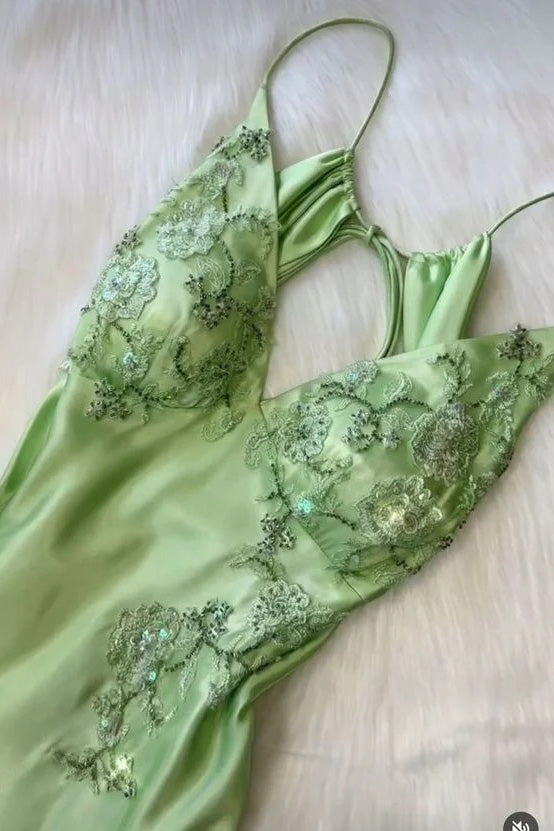 Unique Green Spaghetti Straps Long Prom Dress, Long Evening Gowns CHP0441
