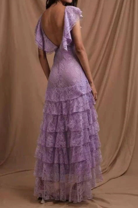 Lilac Lace V-neck Long Prom Dress Evening Gown Party Dress CHP0422