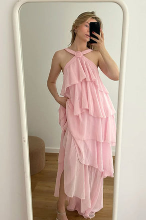 Halter Pink Chiffon A-Line Prom Dresses, Bridesmaid Dress CHP0420