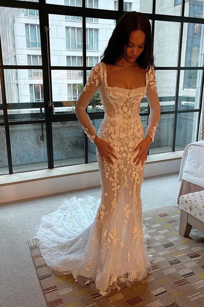 Illusion Mermaid Long Sleeves Square Neck Tulle Appliques Wedding Dress, Bridal Gown CHW0181
