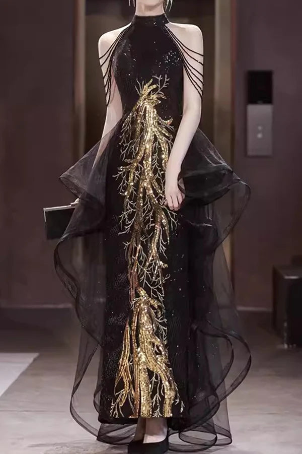 Black Sleeveless Sequined Long Prom Dress With Ruffles, Mermaid Party Gown CHP0344