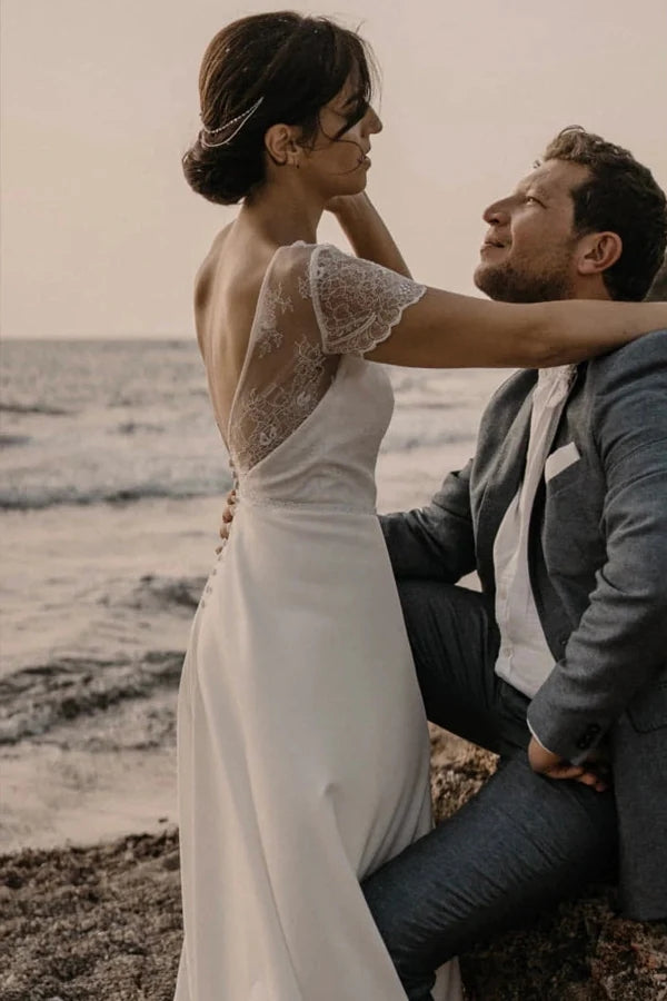 Simple Romantic A-line Modest Wedding Dress, Beach Bridal Dress CHW0205