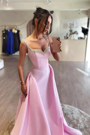 Simple A Line Pink Satin Long Prom Dresses with Beadings, Formal Party Gown CHP0373
