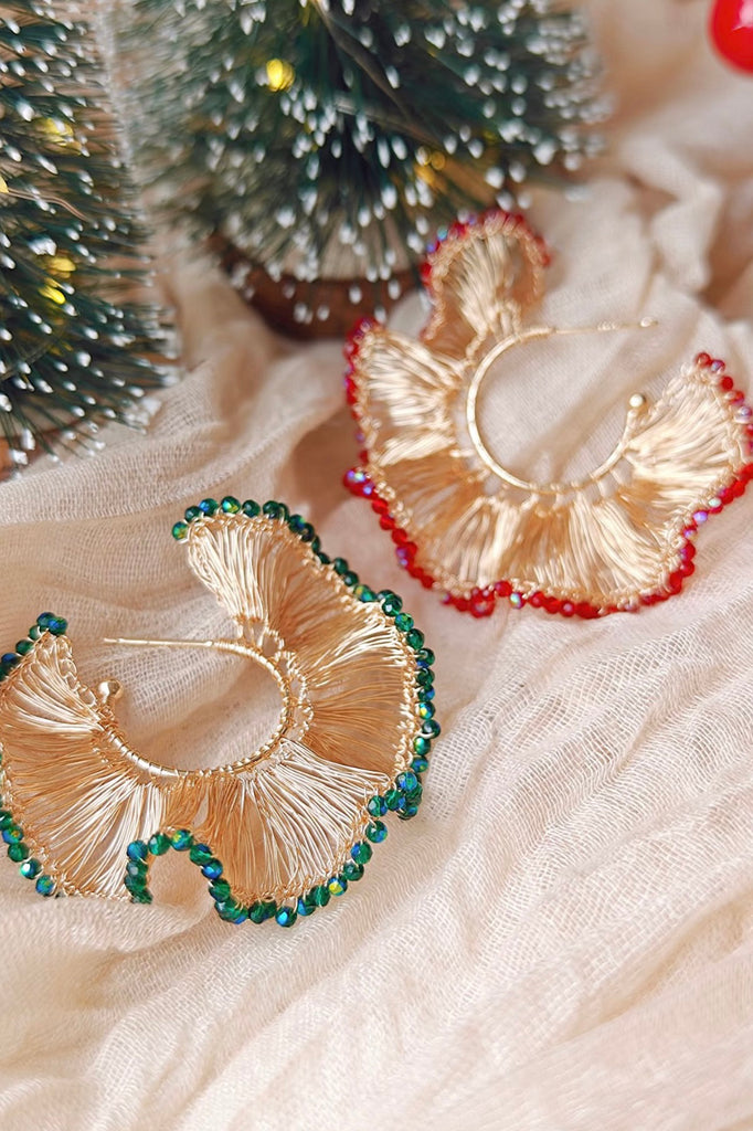 Limited Christmas Wire Crochet Romantic Ruffled Skirt Earrings, Crystal Art Jewelry CHJ1008