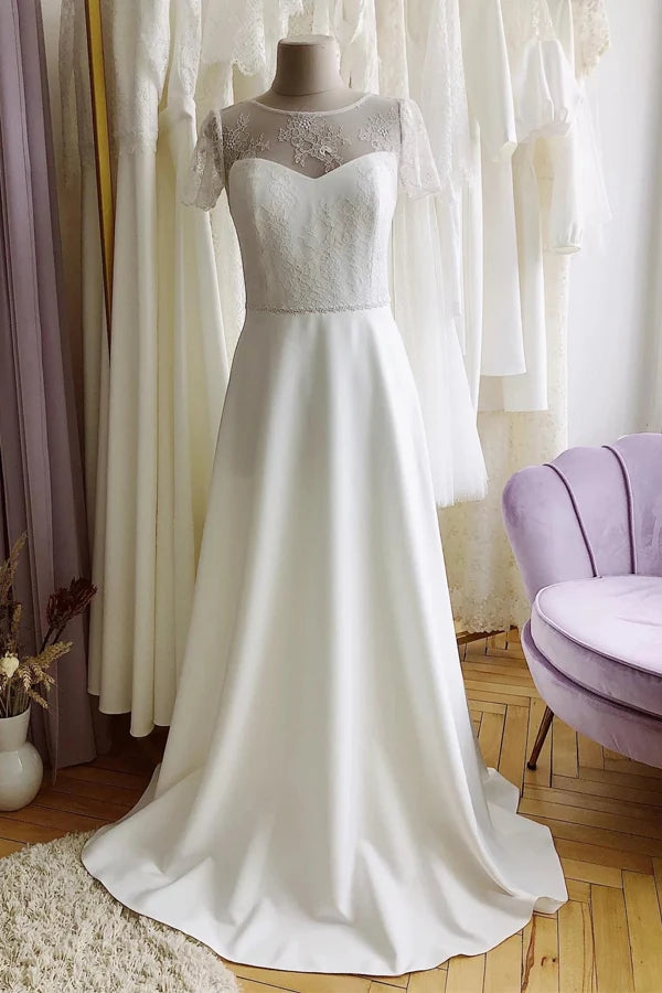 Simple Romantic A-line Modest Wedding Dress, Beach Bridal Dress CHW0205