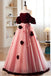 Off-the-Shoulder Tulle Velvet Long Prom Dress, Sweet Burgundy Formal Dress With Flowers CHP0293