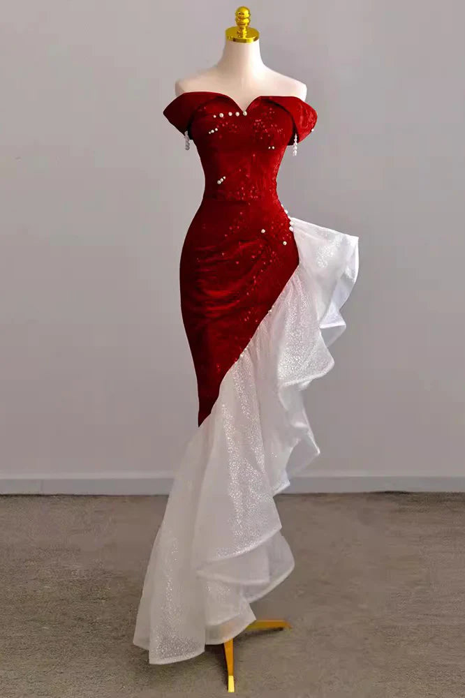 Off the Shoulder Pink Mermaid Prom Gown with Sequins,Shiny Formal Dresses CHP0343