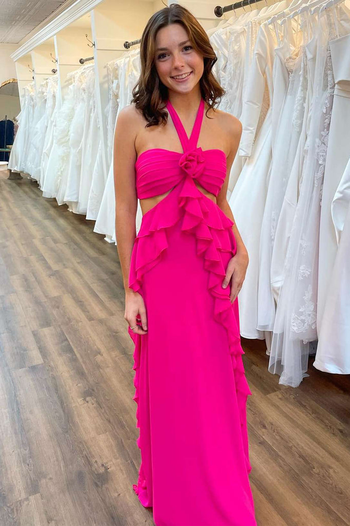 Hot Pink Halter Cut Out Ruffle Long Formal Prom Dress CHP0314 cherishgirls Hot Pink Halter Cut Out Ruffle Long Formal Prom Dress CHP0314 cherishgirls