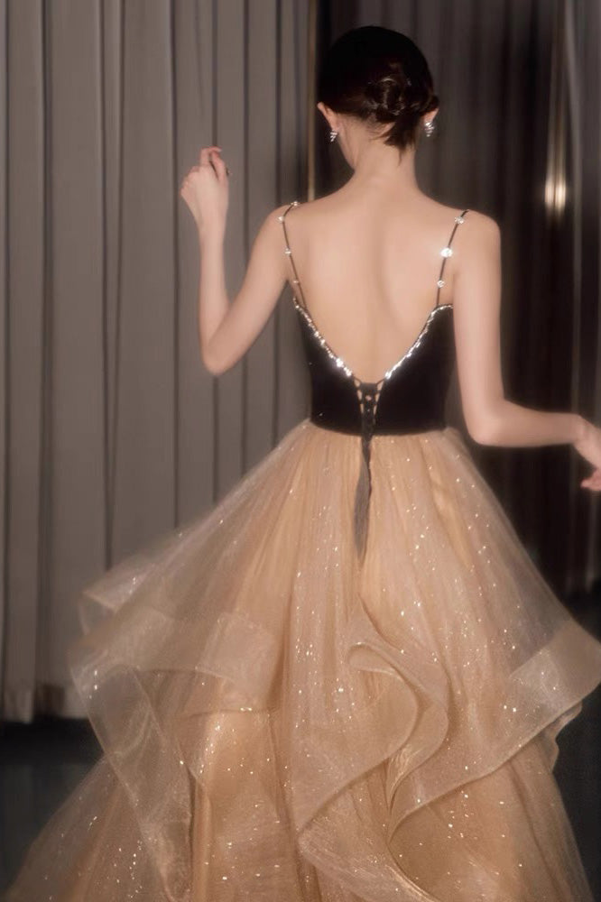 Shiny Spaghetti Straps V-neck Prom Dress, A line Evening Dress With Layers CHP0256