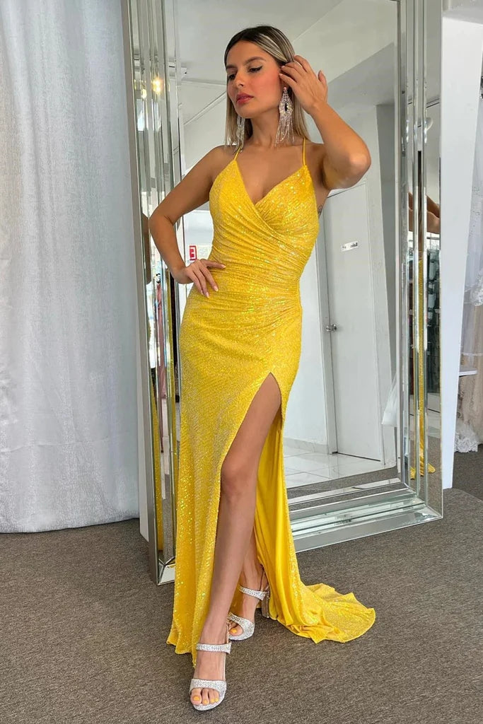 Sparkly Lace Up Mermaid Yellow Sequins Long Prom Dress with Slit CHP0313