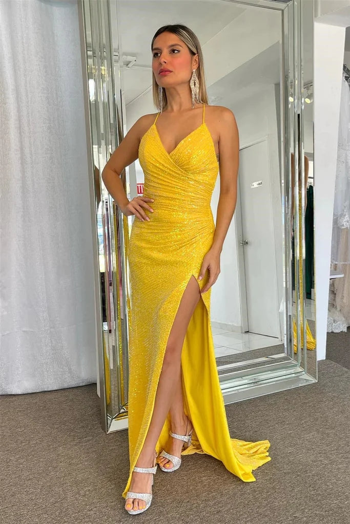 Sparkly Lace Up Mermaid Yellow Sequins Long Prom Dress with Slit CHP0313