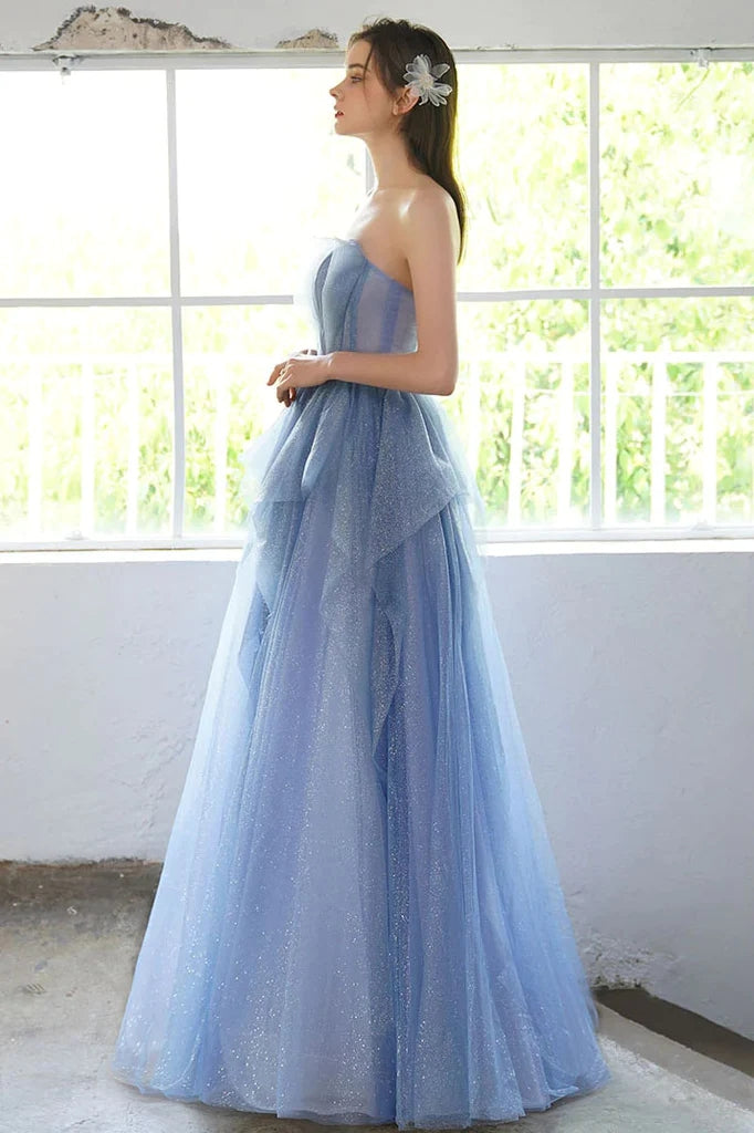 Shiny Blue Strapless Long Prom Gown With Beading, A Line Sparkly Evening Dress CHP0271