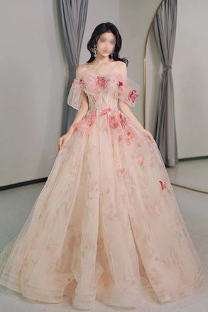Princess Tulle Off The Shoulder Prom Dress With Flowers, Charming Tulle Party Gown CHP0292