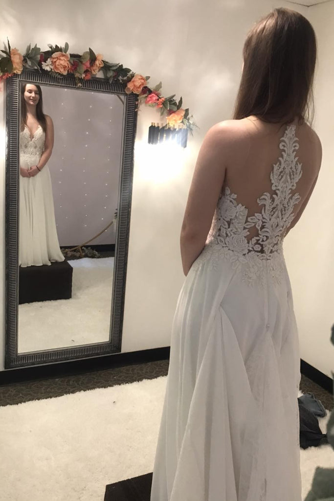 Elegant A-Line V-Neck Wedding Dresses With Lace Appliques, Bridal Dress CHW0190