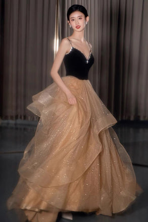 Shiny Spaghetti Straps V-neck Prom Dress, A line Evening Dress With Layers CHP0256