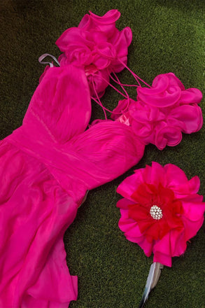 Ruffle Shoulder Plunging V Neck A-line Lace-Up Long Prom Dress CHP0261