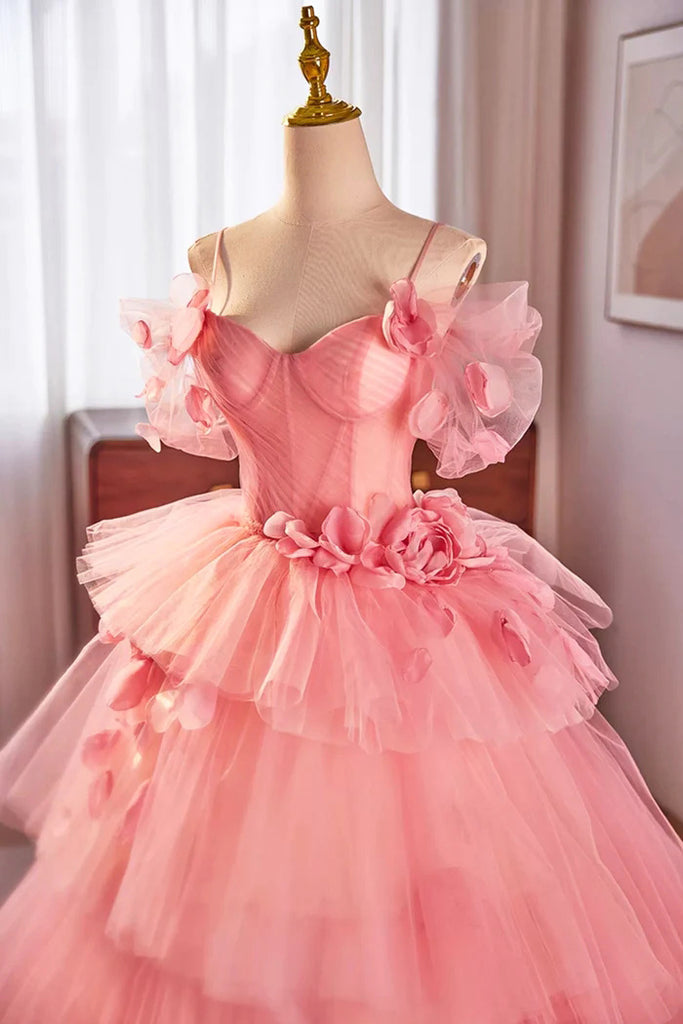 Pink Spaghetti Strap Tulle Long Prom Dress, Beautiful A-Line Formal Sweet 16 Dress CHP0317