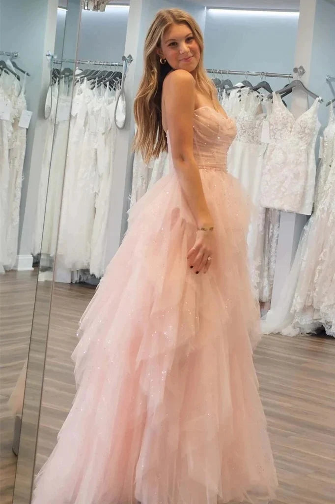 Strapless Light Pink Sequin Beaded Tulle Stunning Prom Dress, Evening Gown CHP0309