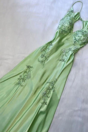 Unique Green Spaghetti Straps Long Prom Dress, Long Evening Gowns CHP0441