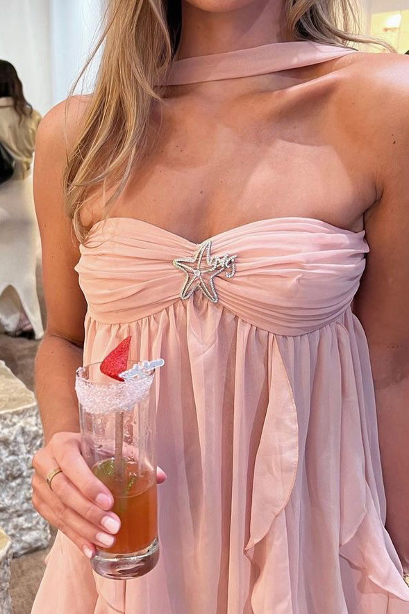 Halter Pink Chiffon A-Line Prom Dresses, Bridesmaid Dress CHP0423