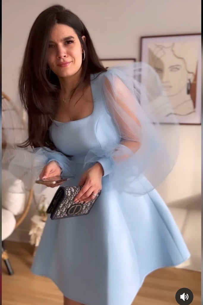 Light Blue Satin Mini Dress, Square Puffy Sleeves A-line Short Homecoming Dress chh0175