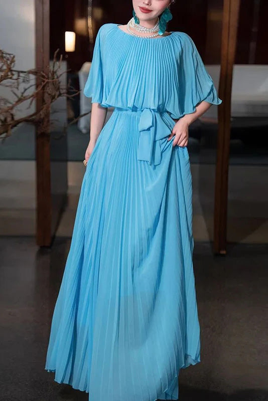 A Line Blue Pleated Chiffon Long Evening Dress, Party Dresses with Ruffles CHP0436
