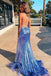 Blue Sequin Feather Lace Up Back Mermaid Long Prom Dress with Slit CHP0392