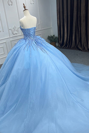 Shiny Ball Gown Blue Tulle A-Line Long Party Prom Dresses,Evening Dress CHP0361