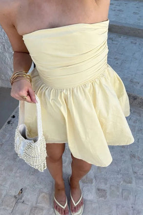 Strapless Light Yellow Tulle Short Homecoming Dress, Short Homecoming Gown CHH0191