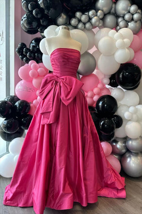 Hot Pink Strapless Satin Long Prom Dress, Tiered Evening Formal Gown With Bowknot CHP0367