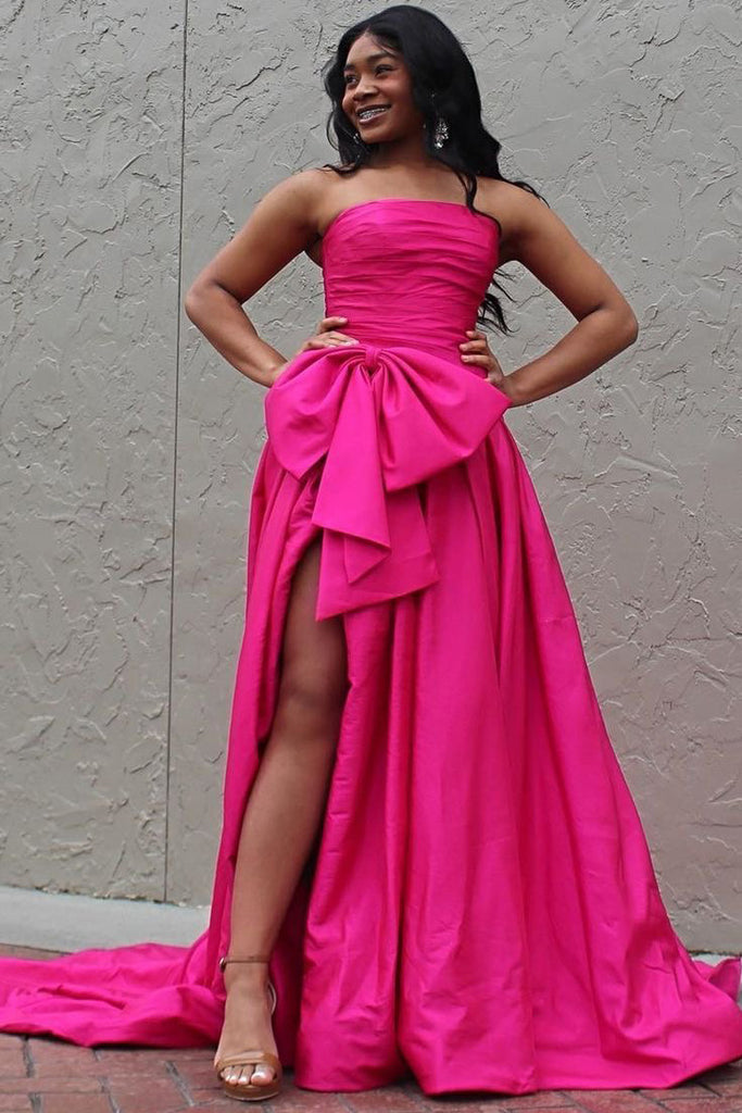 Hot Pink Strapless Satin Long Prom Dress, Tiered Evening Formal Gown With Bowknot CHP0367
