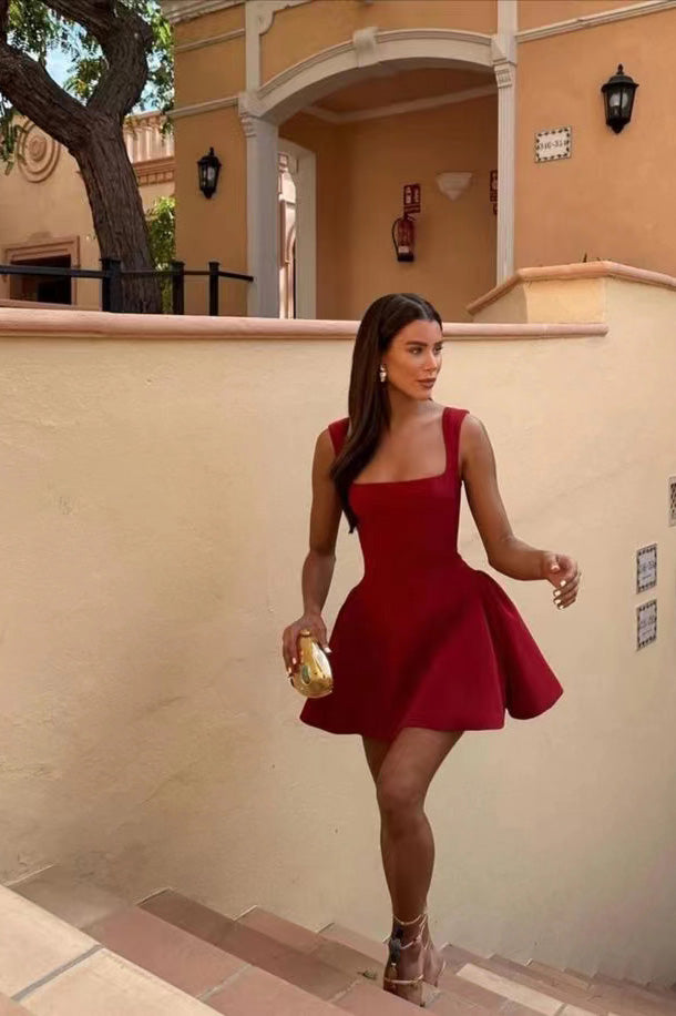 Wine Red Square Neck Mini Dress, A-line Short Homecoming Dress chh0173 cherishgirls Wine Red Square Neck Mini Dress, A-line Short Homecoming Dress chh0173 cherishgirls