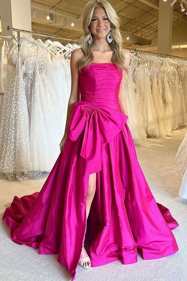 Hot Pink Strapless Satin Long Prom Dress, Tiered Evening Formal Gown With Bowknot CHP0367