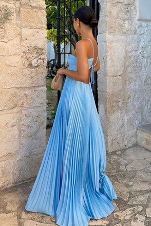 Halter Blue Chiffon A-Line Long Formal Party Dress With Pleats CHP0426