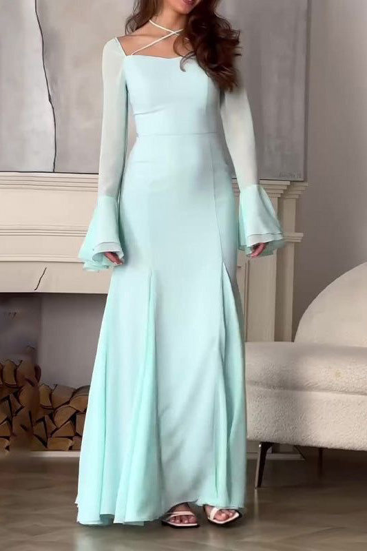 Blue Chiffon Long Sleeves Prom Dress With Ruffles, Long Evening Dresses CHP0428