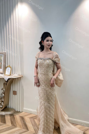 Unique A-Line Square Long Prom Dress With Beading, Formal Dress CHP0410