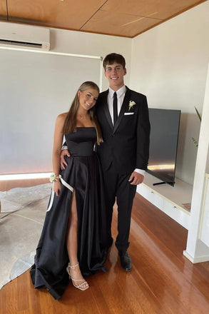 Pretty A Line Strapless Black Satin Evening Dress With Split Prom Dresses CHP0433
