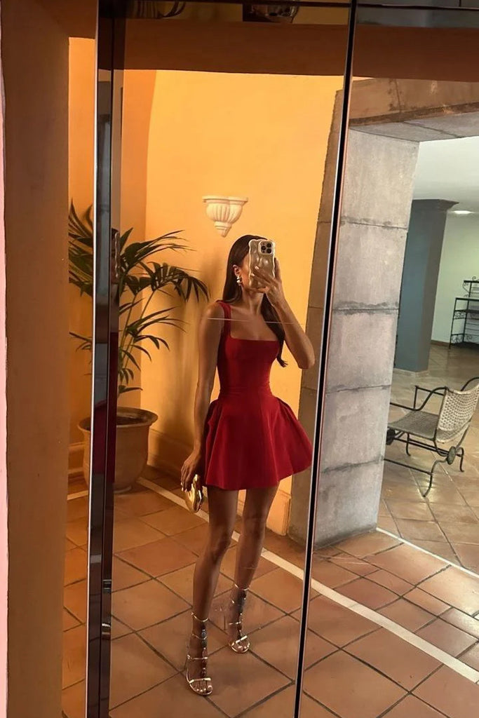 Wine Red Square Neck Mini Dress, A-line Short Homecoming Dress chh0173 cherishgirls Wine Red Square Neck Mini Dress, A-line Short Homecoming Dress chh0173 cherishgirls