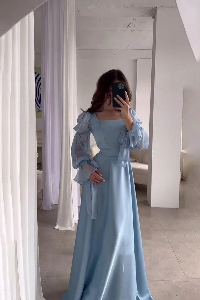 Light Blue Square Collar Belt Flare Sleeve Pleated Long Prom Dress , F cherishgirls Light Blue Square Collar Belt Flare Sleeve Pleated Long Prom Dress , F cherishgirls