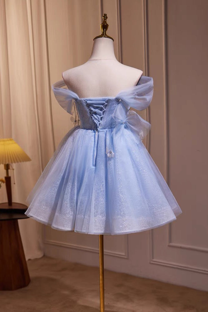 Off-the-Shoulder Blue Tulle Mini Homecoming Dress chh0169 – cherishgirls