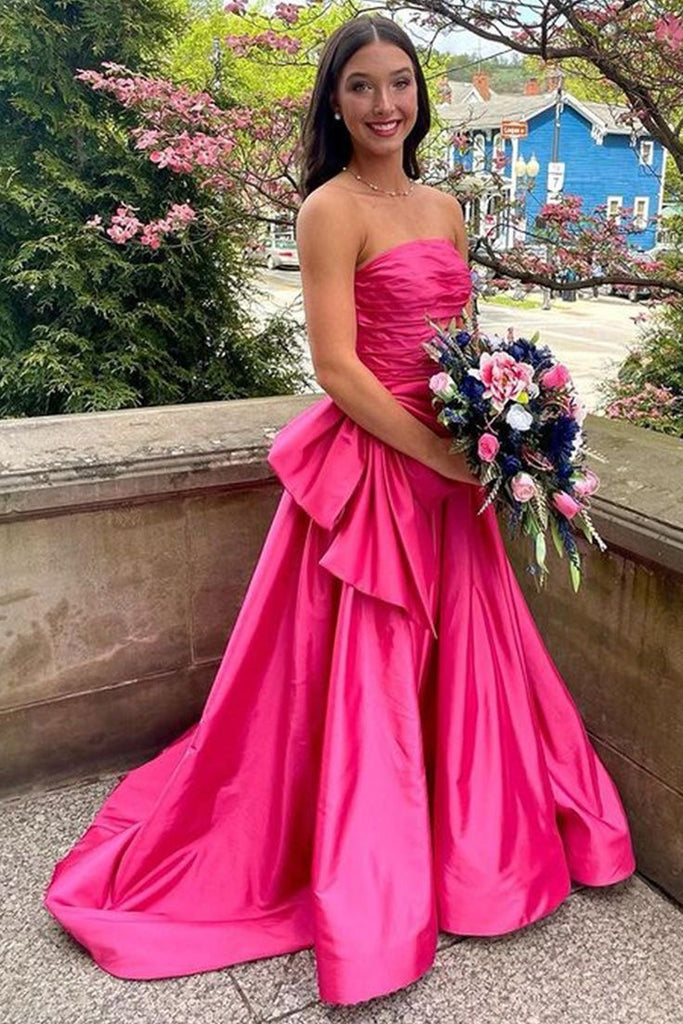 Hot Pink Strapless Satin Long Prom Dress, Tiered Evening Formal Gown With Bowknot CHP0367