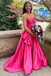 Hot Pink Strapless Satin Long Prom Dress, Tiered Evening Formal Gown With Bowknot CHP0367