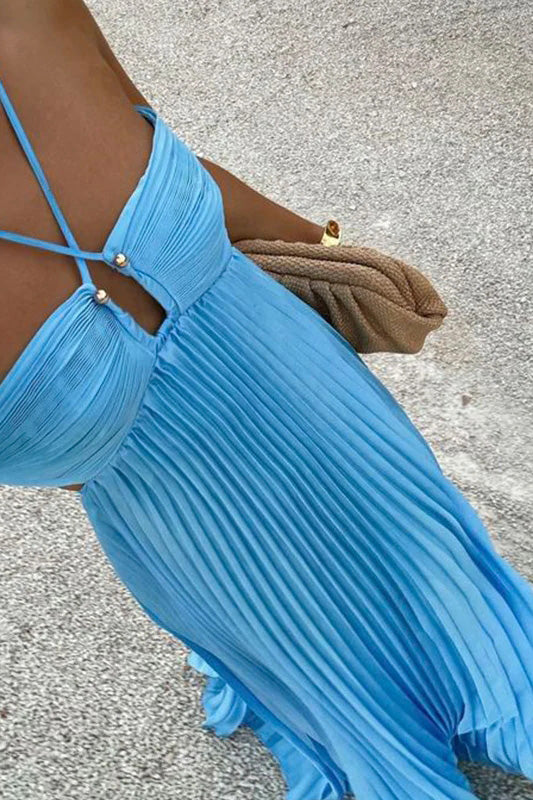 Halter Blue Chiffon A-Line Long Formal Party Dress With Pleats CHP0426