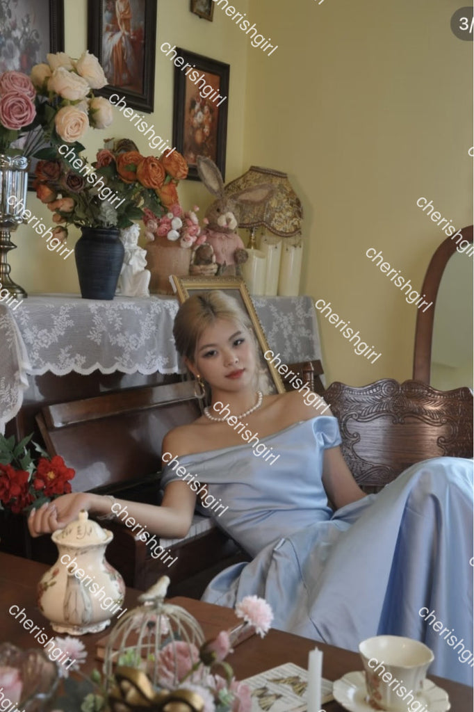 Light Blue Satin Ball Gown Prom Dress With Pleats, Princess Quinceanera Dresses CHP0407