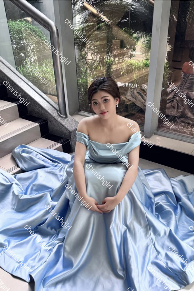 Light Blue Satin Ball Gown Prom Dress With Pleats, Princess Quinceanera Dresses CHP0407