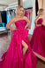 Hot Pink Strapless Satin Long Prom Dress, Tiered Evening Formal Gown With Bowknot CHP0367