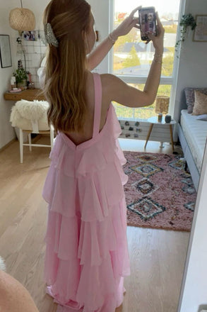 Halter Pink Chiffon A-Line Prom Dresses, Bridesmaid Dress CHP0419