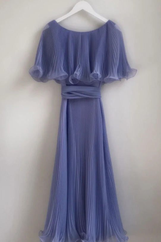 A Line Blue Pleated Chiffon Long Evening Dress, Party Dresses with Ruffles CHP0436