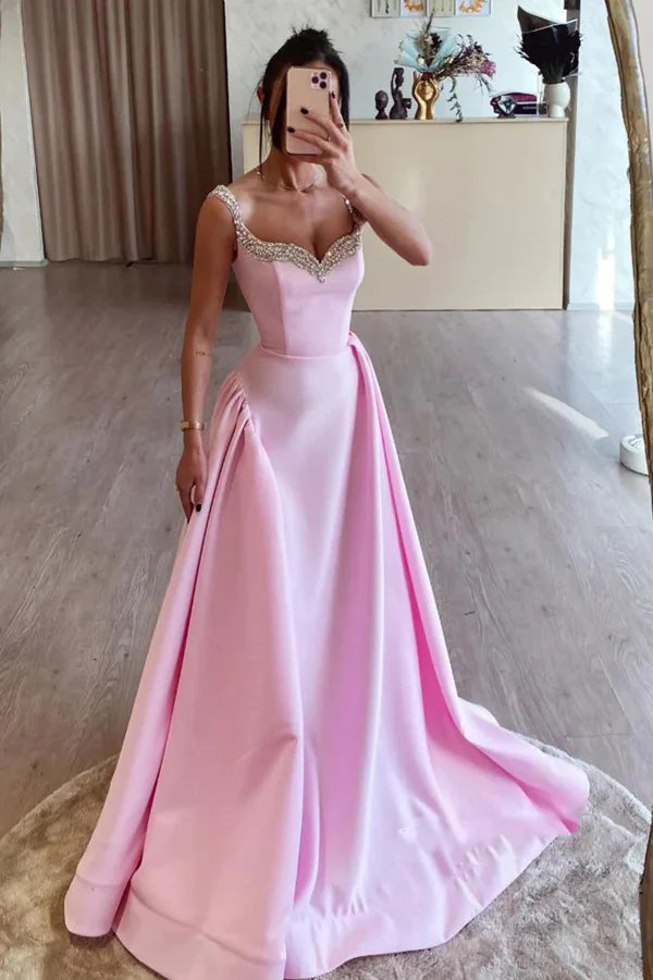 Simple A Line Pink Satin Long Prom Dresses with Beadings, Formal Party Gown CHP0373