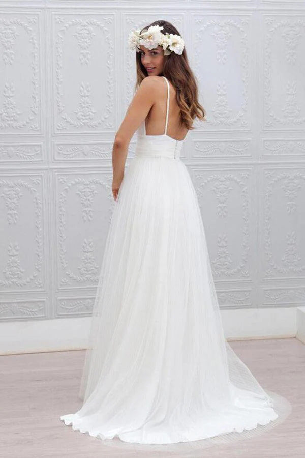 Simple V-neck Spaghetti Straps Wedding Dress With Ruched Sash CHW0204